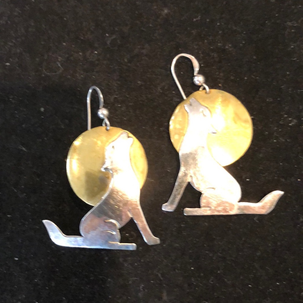 Silver Cloud sterling silver and brass wolf howling at moon earrings
